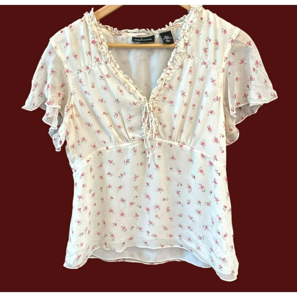 Vintage Y2K Moda International Babydoll Floral Blouse Large Cottagecore Prairie